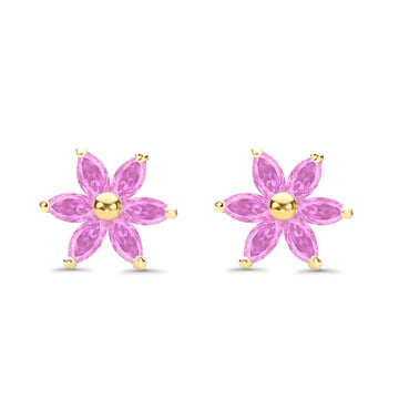Solid 14K Yellow Gold Flower Stud Earrings Simulated Pink CZ With Screw Back